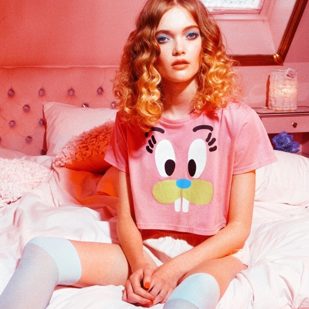Lazy Oaf Pink Bunny Cartoon Face T-Shirt